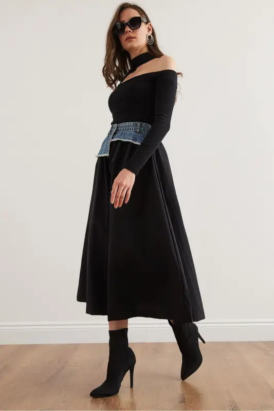 Women's Black Blue Denim Detailed Pocketed Parachute Bell Bottom - 5