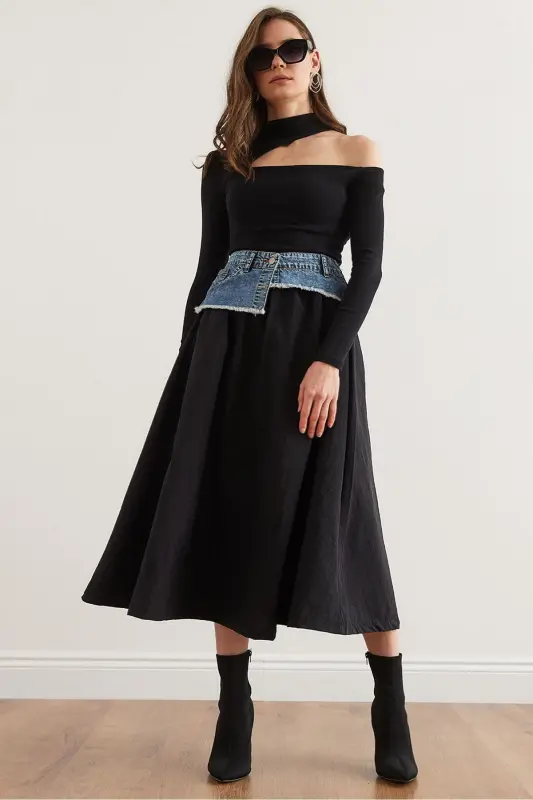 Women's Black Blue Denim Detailed Pocketed Parachute Bell Bottom - 6