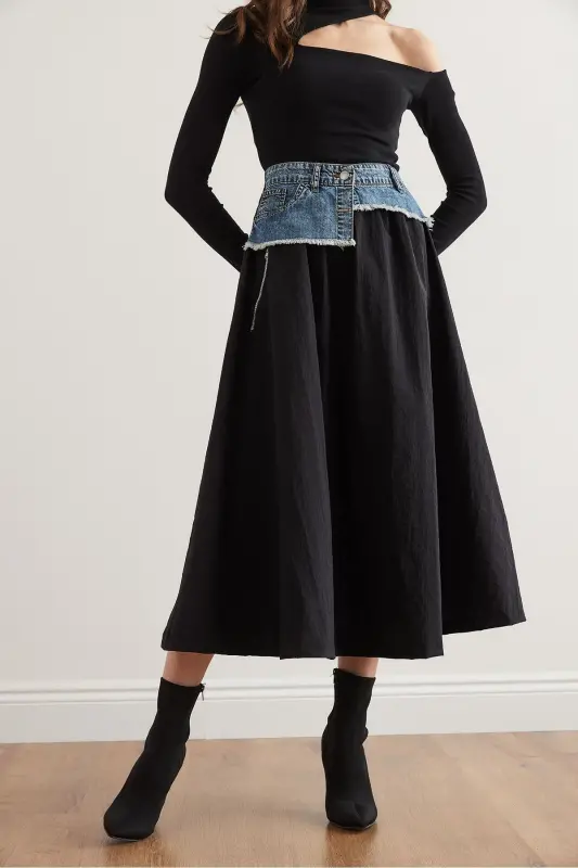 Women's Black Blue Denim Detailed Pocketed Parachute Bell Bottom - 7