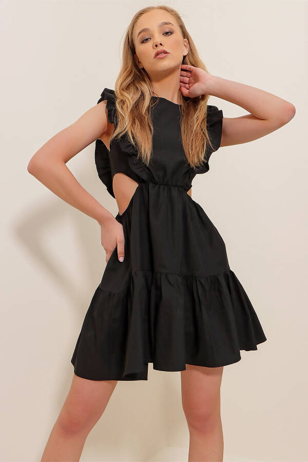 Women's Black Boat Neck Belted Side Ruffle Poplin Dress ALC-X8503 - 4