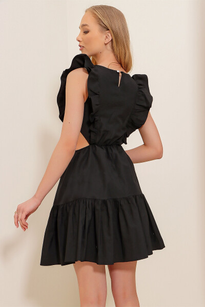 Women's Black Boat Neck Belted Side Ruffle Poplin Dress ALC-X8503 - 6
