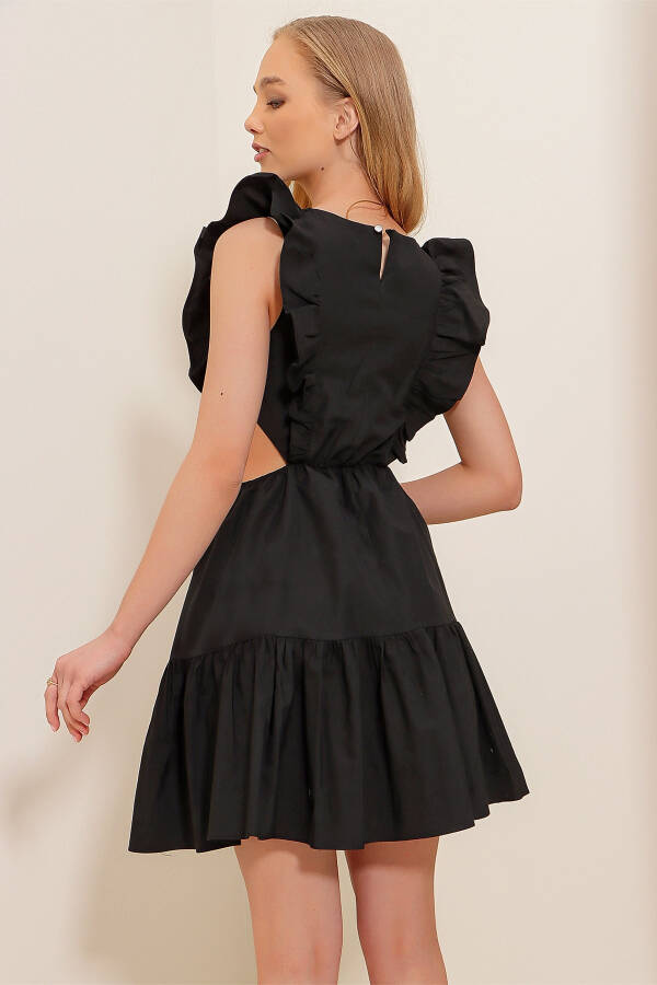 Women's Black Boat Neck Belted Side Ruffle Poplin Dress ALC-X8503 - 6