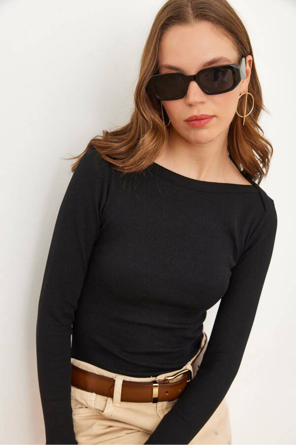 Women's Black Boat Neck Smocked Stretchy Cotton Blouse BLZ-19002795 - 1