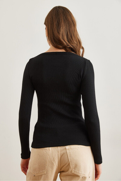 Women's Black Boat Neck Smocked Stretchy Cotton Blouse BLZ-19002795 - OLALOOK (1)