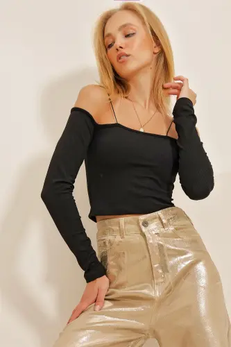 Women's Black Boat Neck Strappy Lycra Crop Knit Blouse ALC-X10860 - 3