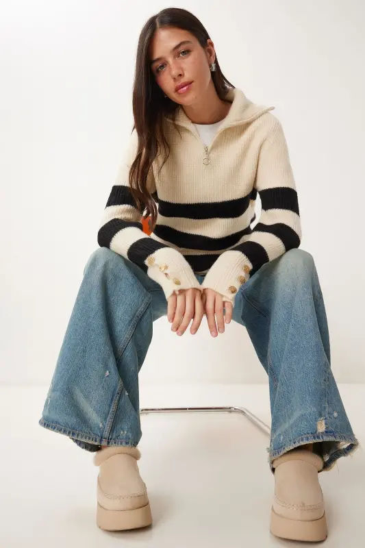 Women's Black Bone Zip-Up Fisherman Knit Sweater LX00042 - HAPPINESS İSTANBUL
