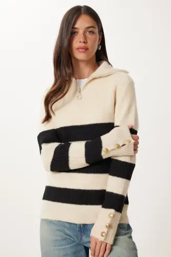 Women's Black Bone Zip-Up Fisherman Knit Sweater LX00042 - 3