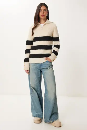 Women's Black Bone Zip-Up Fisherman Knit Sweater LX00042 - 4