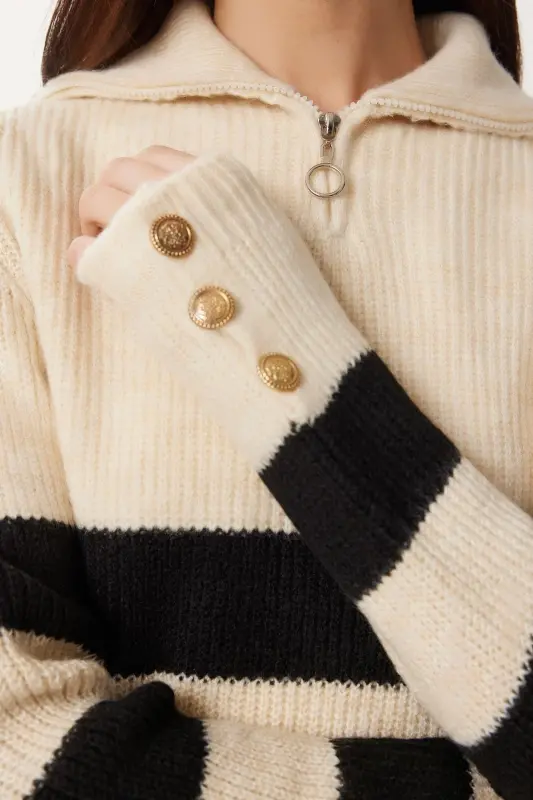 Women's Black Bone Zip-Up Fisherman Knit Sweater LX00042 - 5