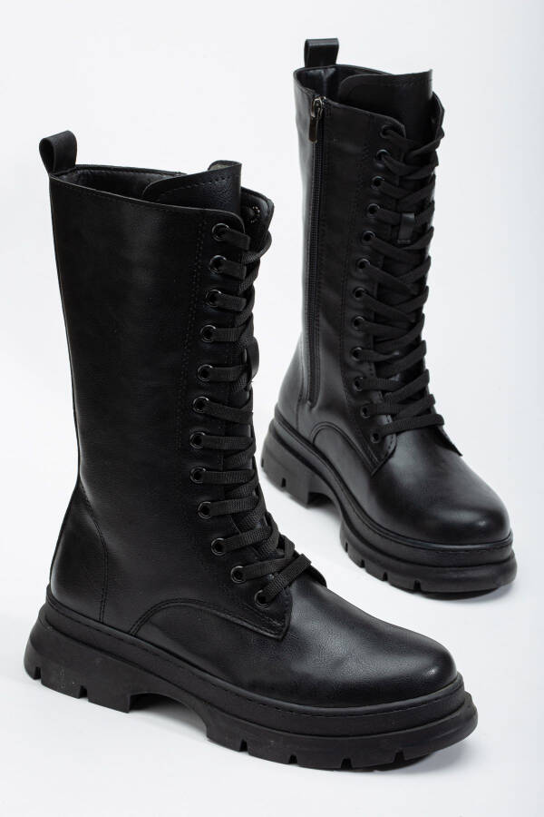 Women's black boots with chunky heel, lace-up and zipper - 2