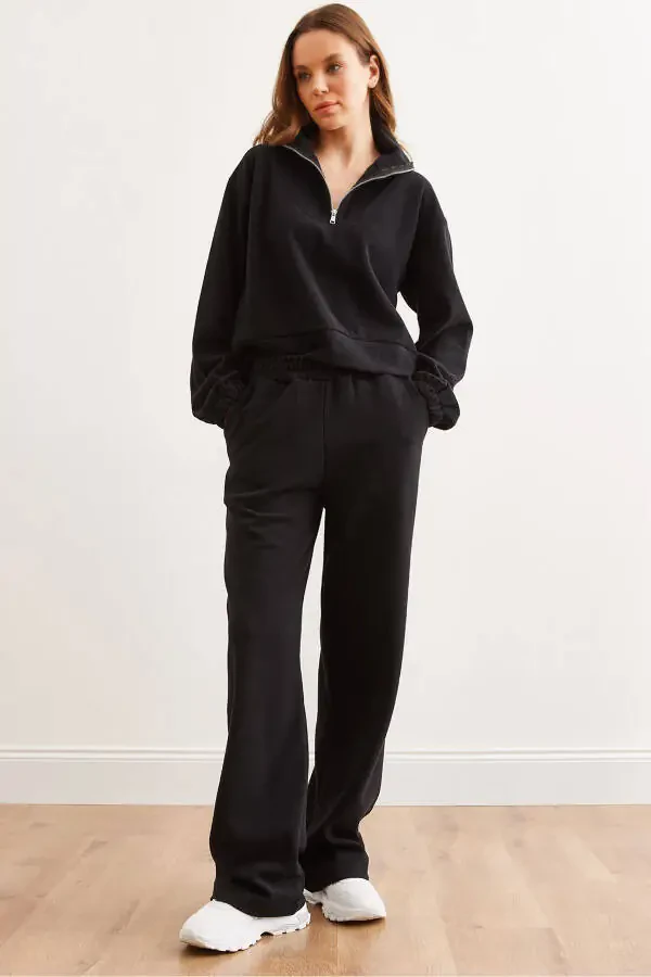 Women's Black Bottom-Up Polo Collar Sweatshirt Set TKM-19000324 - 1