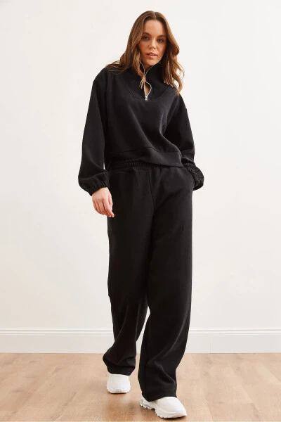 Women's Black Bottom-Up Polo Collar Sweatshirt Set TKM-19000324 - 3