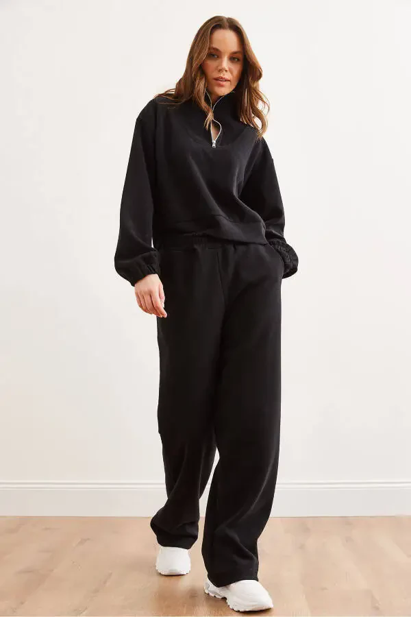 Women's Black Bottom-Up Polo Collar Sweatshirt Set TKM-19000324 - 3