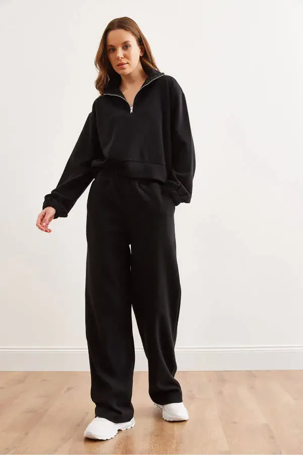 Women's Black Bottom-Up Polo Collar Sweatshirt Set TKM-19000324 - 5