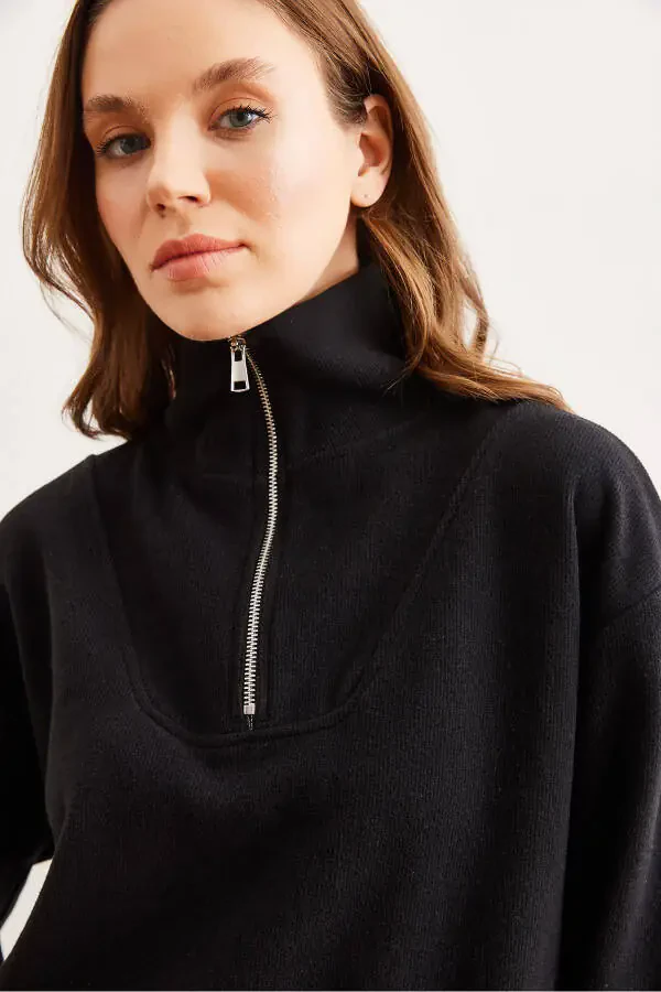 Women's Black Bottom-Up Polo Collar Sweatshirt Set TKM-19000324 - 6