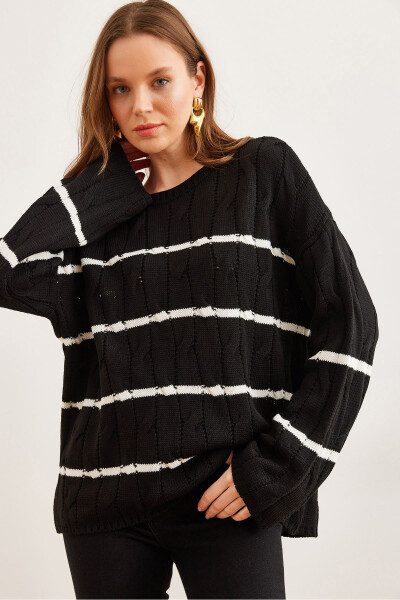 Women's Black Braid Knitted Sweater with Line Details 