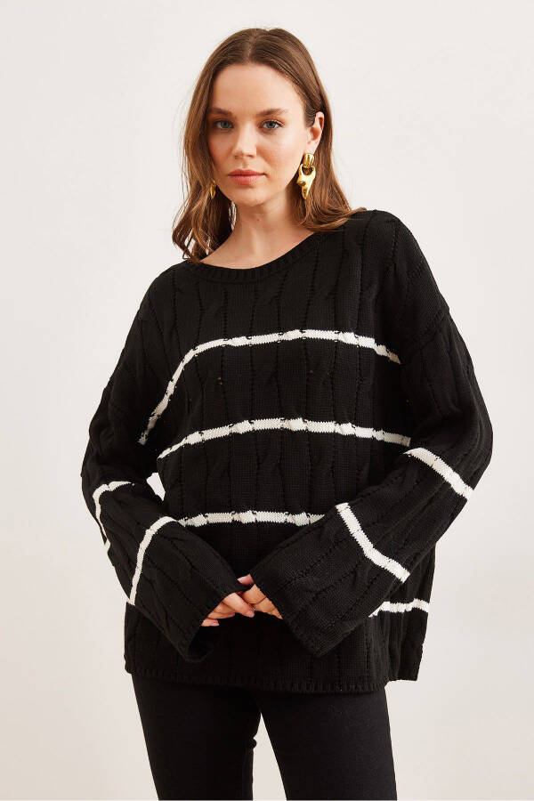 Women's Black Braid Knitted Sweater with Line Details - 2