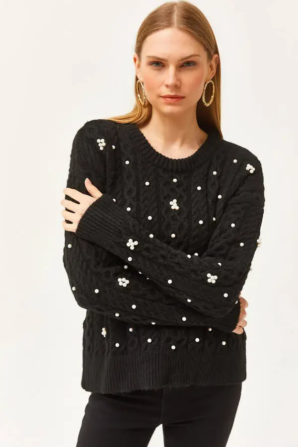 Women's Black Braided Hair Pearl Detail Soft Textured Knitted Sweater WTS-19000803 - 1