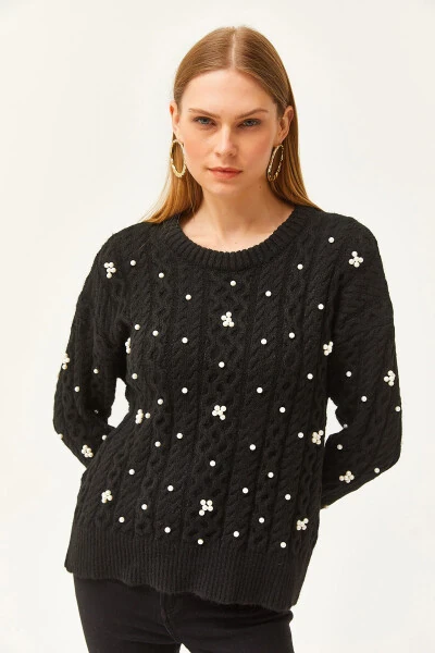 Women's Black Braided Hair Pearl Detail Soft Textured Knitted Sweater WTS-19000803 - 2