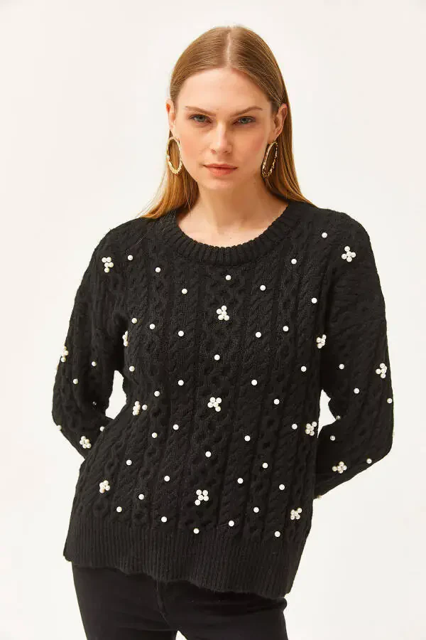 Women's Black Braided Hair Pearl Detail Soft Textured Knitted Sweater WTS-19000803 - 2