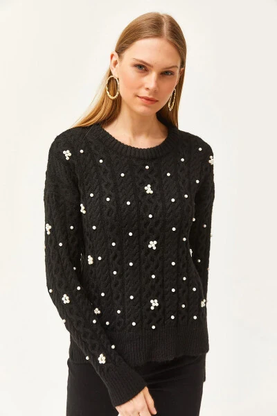Women's Black Braided Hair Pearl Detail Soft Textured Knitted Sweater WTS-19000803 - 3