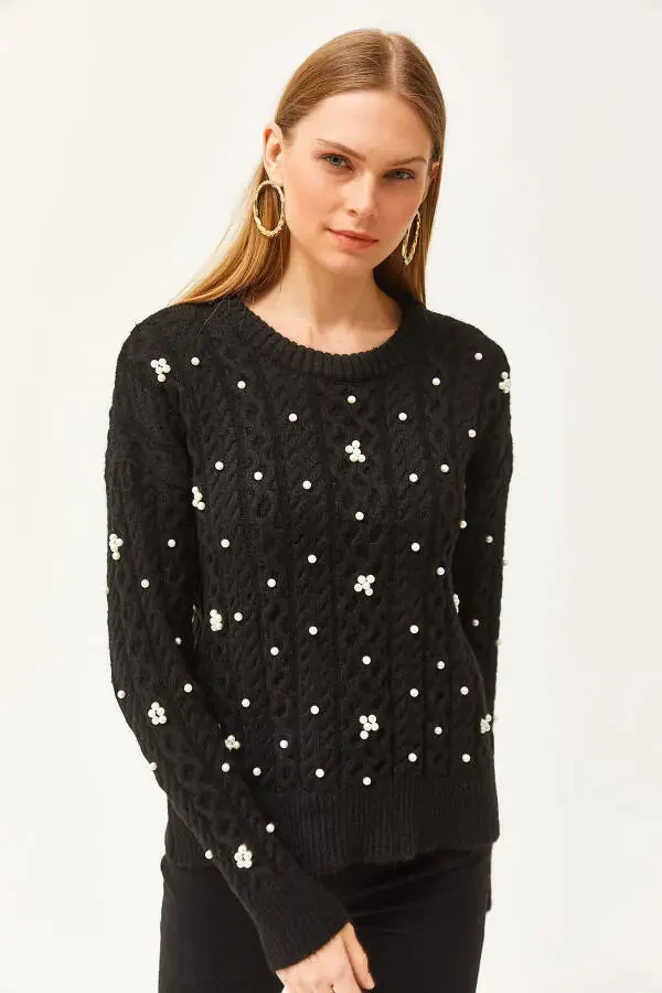 Women's Black Braided Hair Pearl Detail Soft Textured Knitted Sweater WTS-19000803 - 3