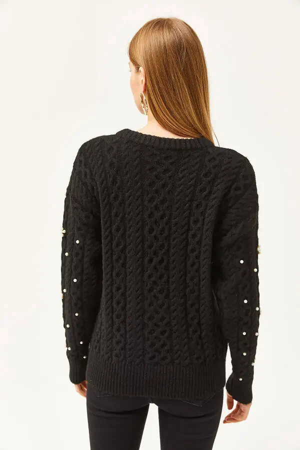 Women's Black Braided Hair Pearl Detail Soft Textured Knitted Sweater WTS-19000803 - 4