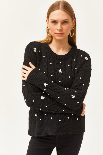 Women's Black Braided Hair Pearl Detail Soft Textured Knitted Sweater WTS-19000803 - OLALOOK