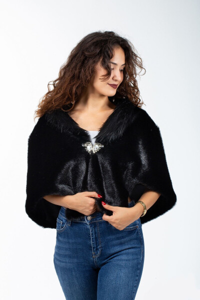 Women's Black Brooch Fur Bridal and Evening Shawl Bolero - KRK