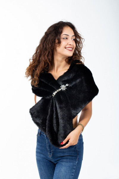 Women's Black Brooch Wedding & Fur Stole - 1