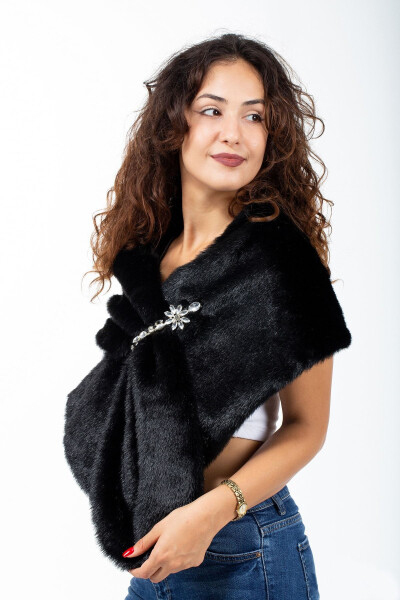 Women's Black Brooch Wedding & Fur Stole - 4