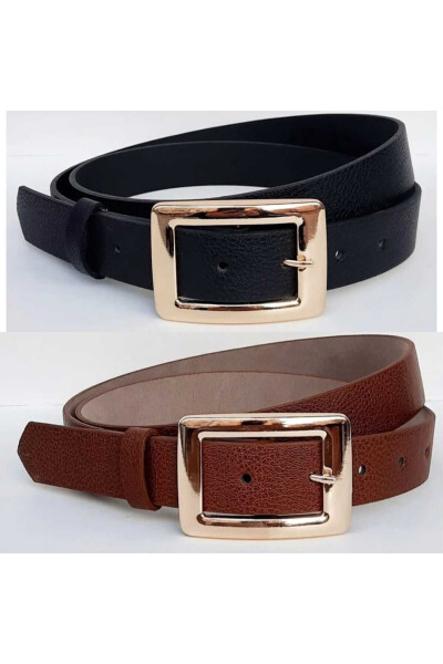 Women's Black-Brown Gold Buckle 2-Piece Belt Set - 5