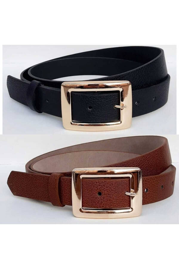 Women's Black-Brown Gold Buckle 2-Piece Belt Set - 8