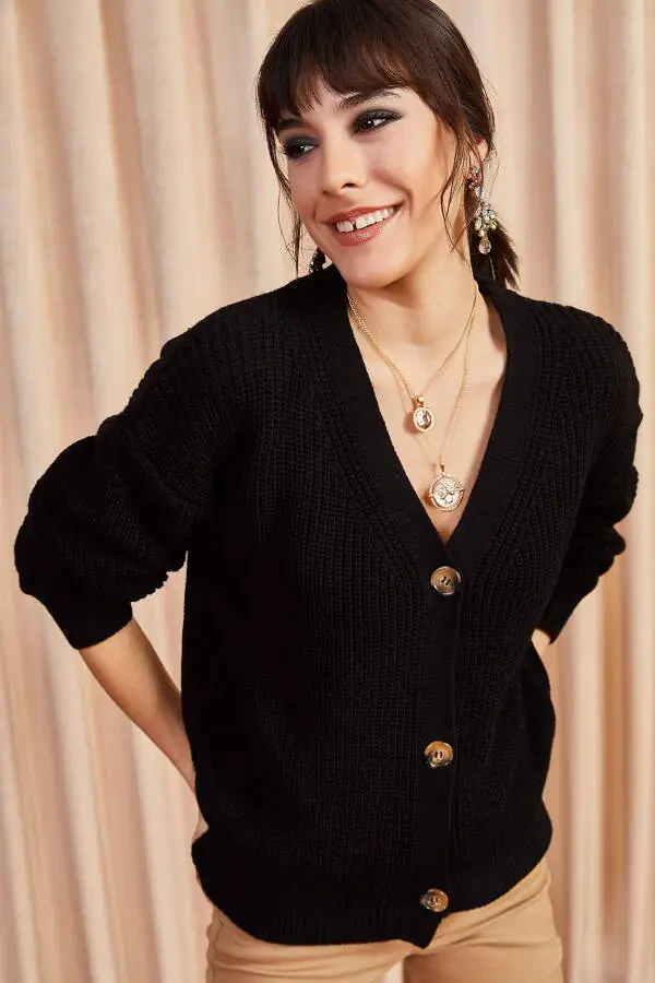 Women's Black Button Cardigan HRK-19000046 - 1