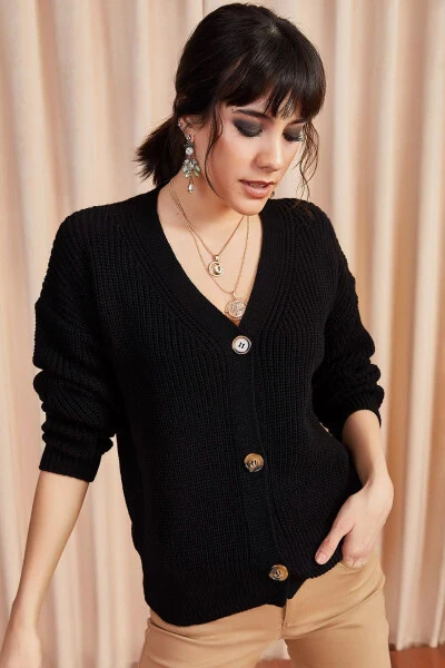 Women's Black Button Cardigan HRK-19000046 - OLALOOK (1)