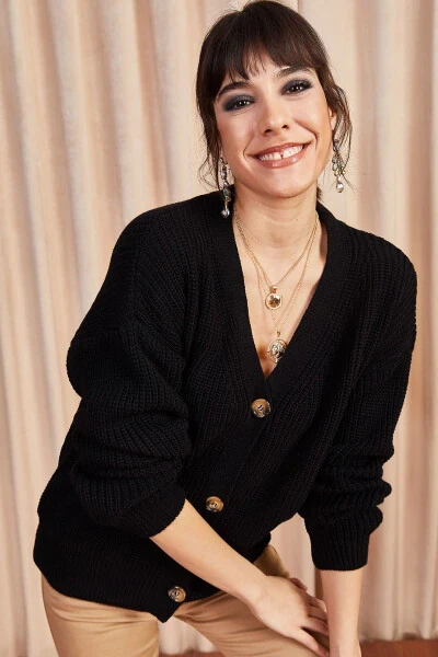 Women's Black Button Cardigan HRK-19000046 - 3