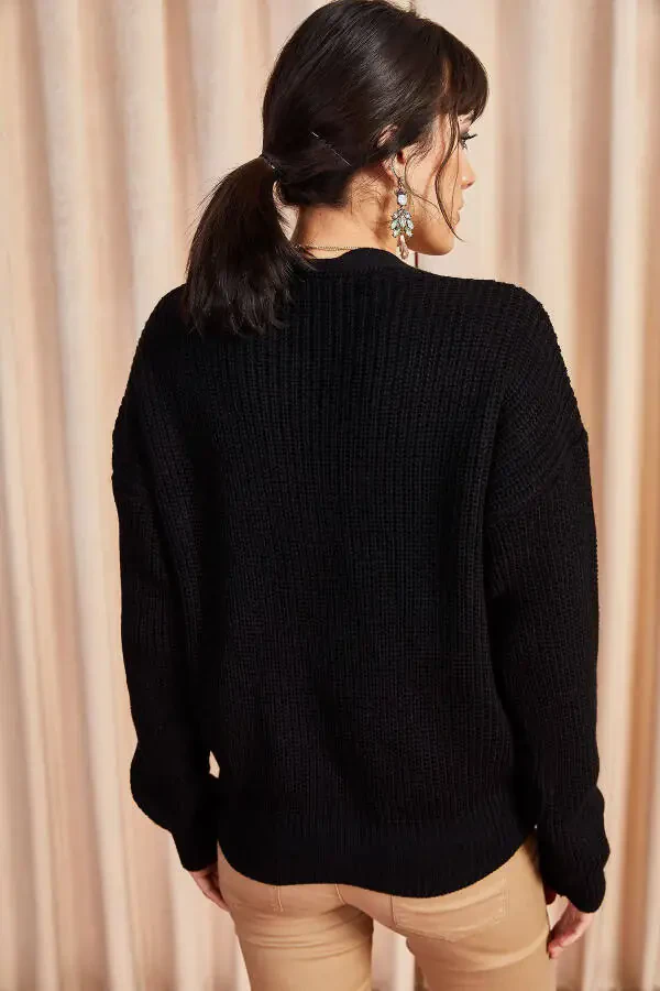 Women's Black Button Cardigan HRK-19000046 - 4