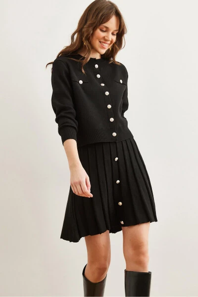 Women's Black Button Detail Top Cardigan Bottom Pleated Skirt Knitwear Set TKM-19000332 - 1