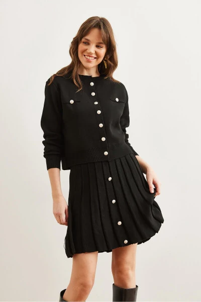 Women's Black Button Detail Top Cardigan Bottom Pleated Skirt Knitwear Set TKM-19000332 - 2