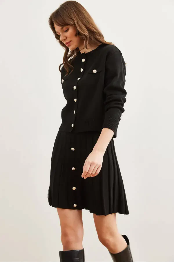 Women's Black Button Detail Top Cardigan Bottom Pleated Skirt Knitwear Set TKM-19000332 - 3