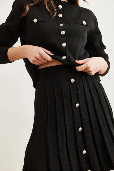 Women's Black Button Detail Top Cardigan Bottom Pleated Skirt Knitwear Set TKM-19000332 - 4