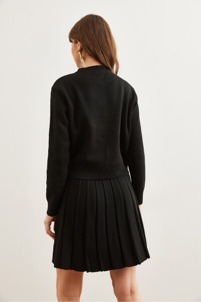 Women's Black Button Detail Top Cardigan Bottom Pleated Skirt Knitwear Set TKM-19000332 - 5