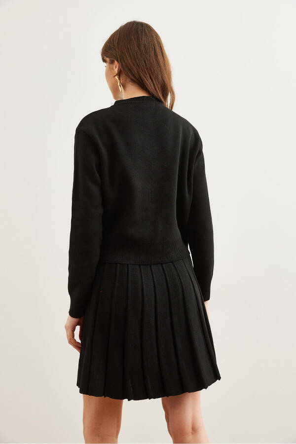 Women's Black Button Detail Top Cardigan Bottom Pleated Skirt Knitwear Set TKM-19000332 - 5