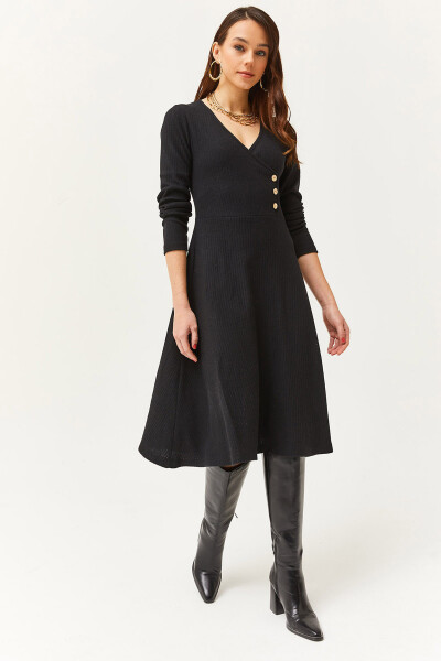 Women's Black Button Detail Wrap Midi Bell Dress ELB-19002031 - 1