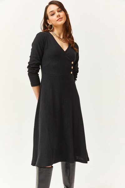 Women's Black Button Detail Wrap Midi Bell Dress ELB-19002031 - 2