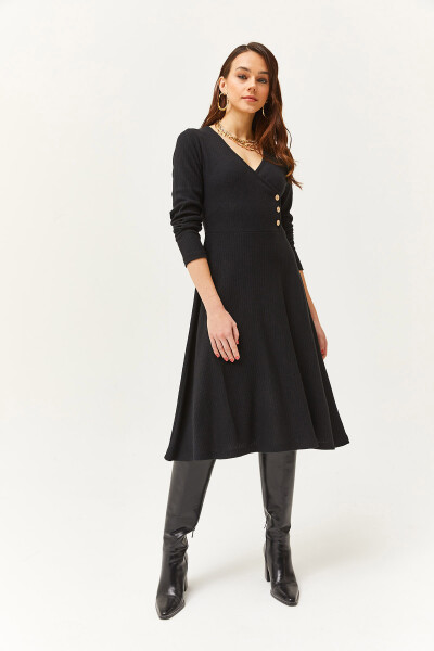 Women's Black Button Detail Wrap Midi Bell Dress ELB-19002031 - 5