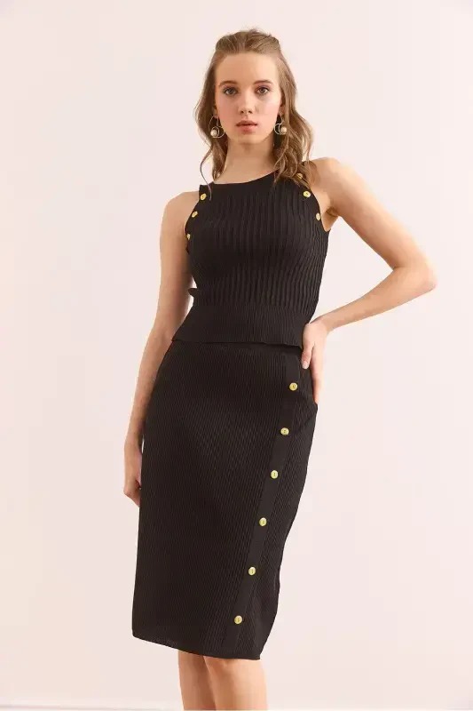 Women's Black Button Detailed Knitwear Set TKM- - 2