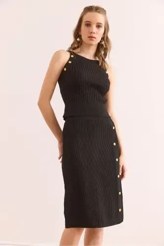 Women's Black Button Detailed Knitwear Set TKM- - 3