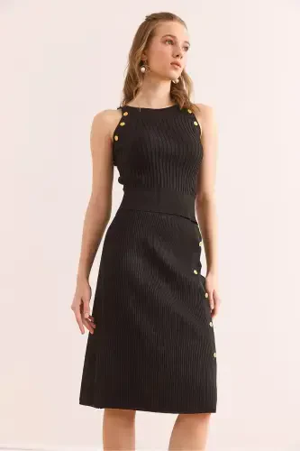 Women's Black Button Detailed Knitwear Set TKM- - 4