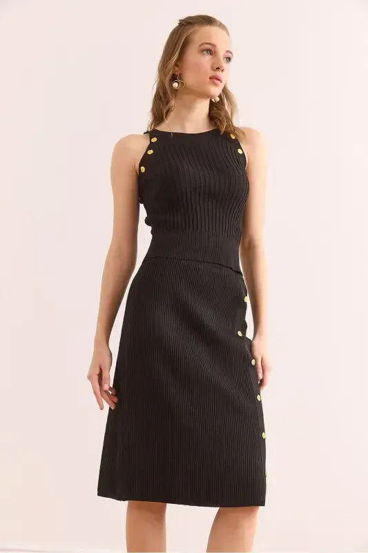 Women's Black Button Detailed Knitwear Set TKM- - 4